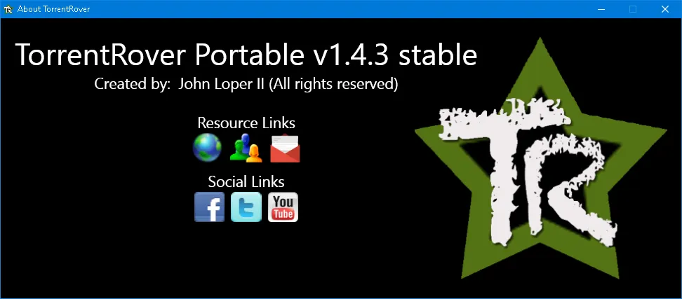 TorrentRover About window with version and platform info